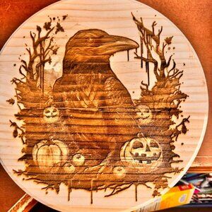 wood burned crow raven plaque